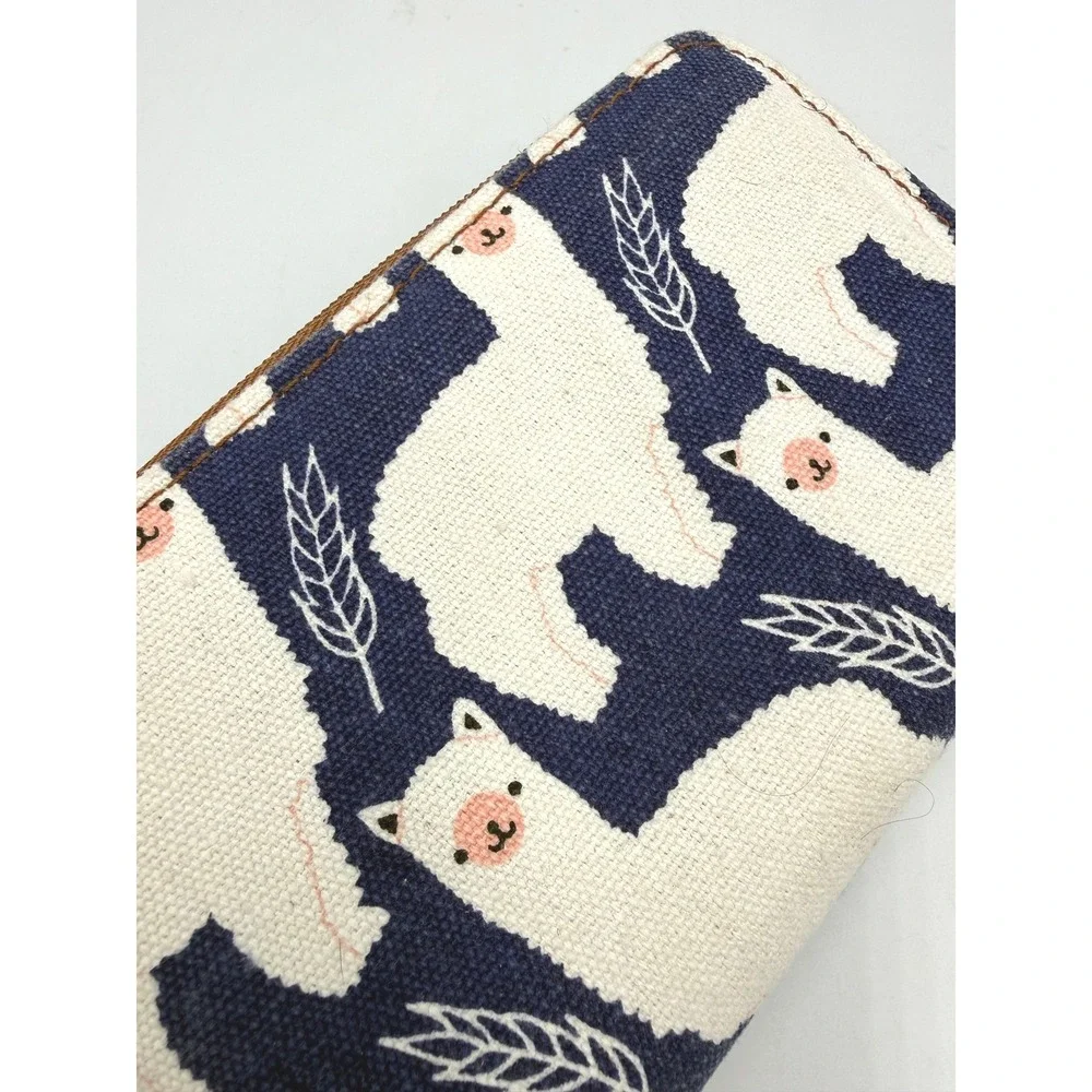 New! Unionbay Wristlet Wallet Llama Alpaca Canvas Navy Blue Brown Turn Lock